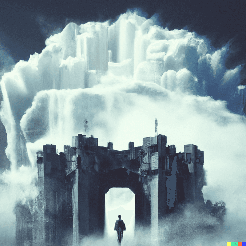 A person entering a gate to a huge castle in the clouds