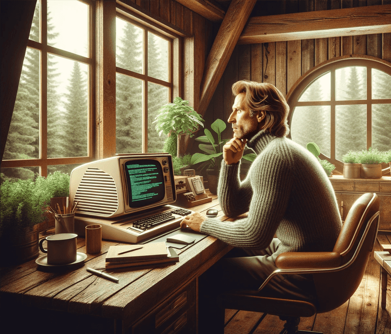 A man studying in a cabin in the woods